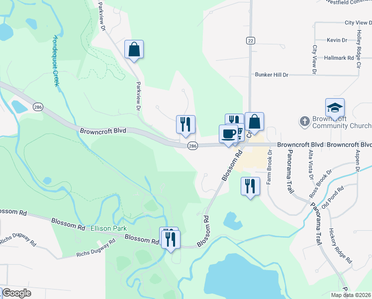 map of restaurants, bars, coffee shops, grocery stores, and more near 2447 Browncroft Boulevard in Rochester