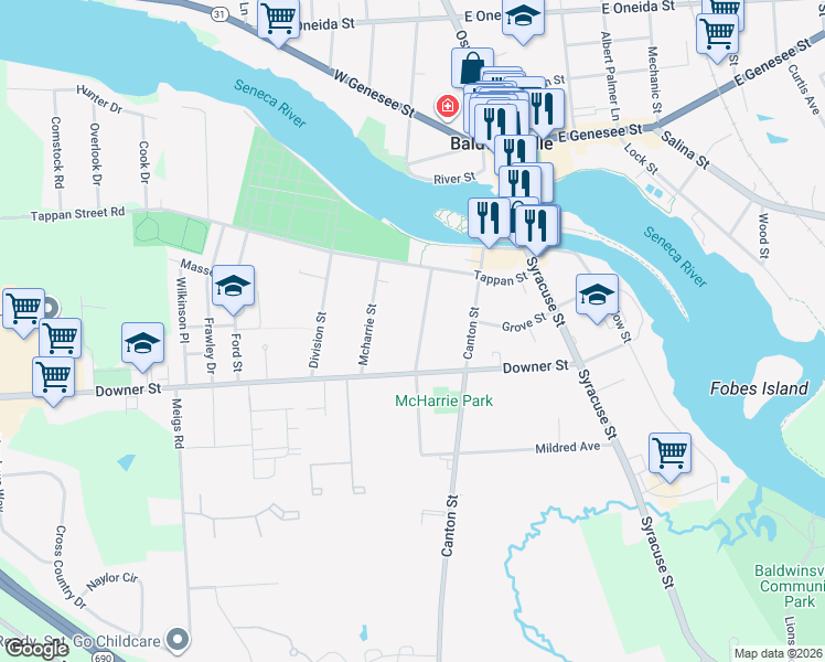 map of restaurants, bars, coffee shops, grocery stores, and more near 24 Seneca Street in Baldwinsville