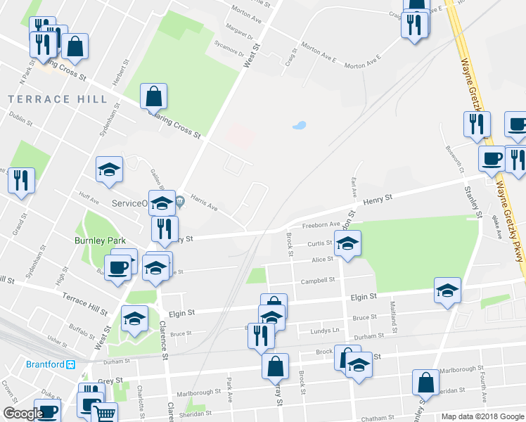 map of restaurants, bars, coffee shops, grocery stores, and more near 53 Henry Street in Brantford