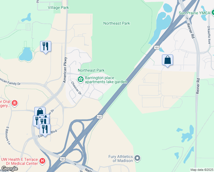 map of restaurants, bars, coffee shops, grocery stores, and more near 5711 Slate Drive in Madison