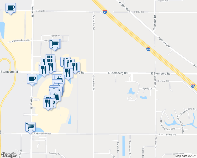 map of restaurants, bars, coffee shops, grocery stores, and more near 2025 East Sternberg Road in Muskegon