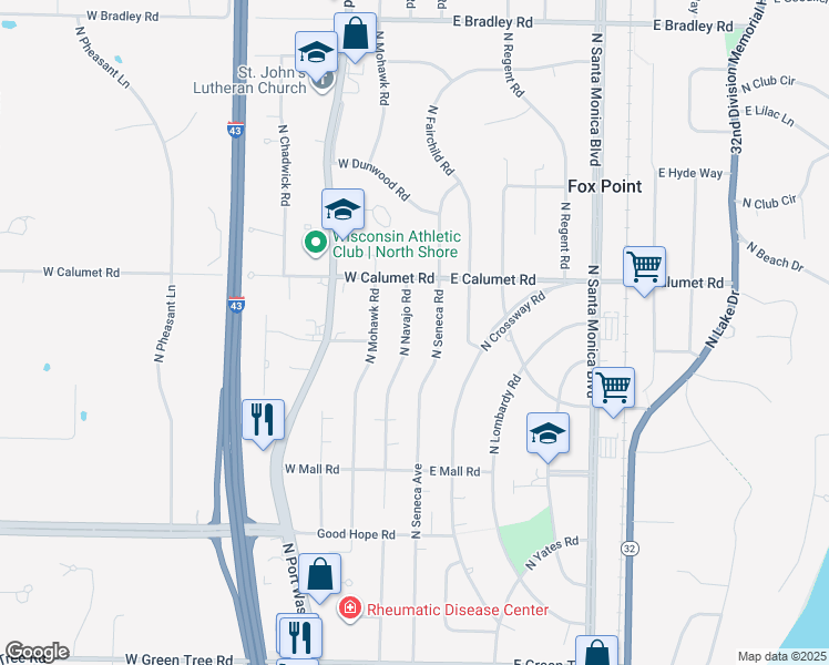 map of restaurants, bars, coffee shops, grocery stores, and more near 7500 North Navajo Road in Fox Point