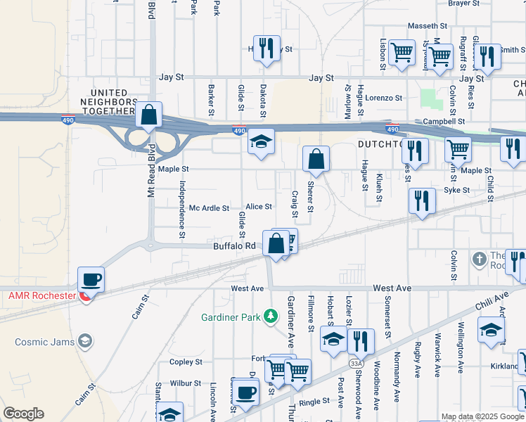 map of restaurants, bars, coffee shops, grocery stores, and more near 45 Alice Street in Rochester