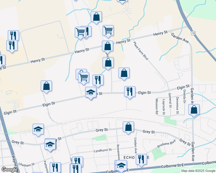 map of restaurants, bars, coffee shops, grocery stores, and more near 444 Elgin Street in Brantford