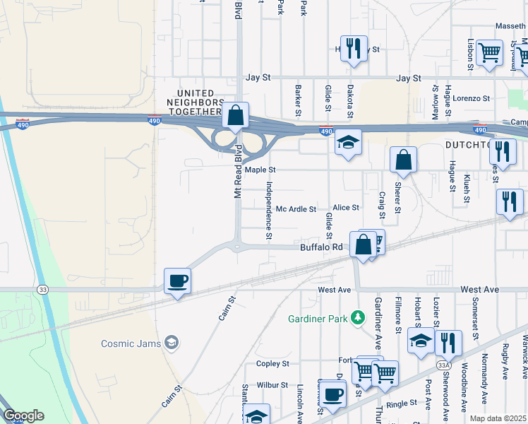 map of restaurants, bars, coffee shops, grocery stores, and more near 133 Independence Street in Rochester