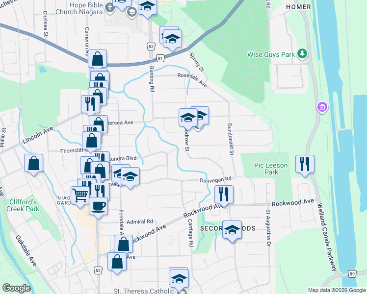map of restaurants, bars, coffee shops, grocery stores, and more near 2 Oxford Street in St. Catharines
