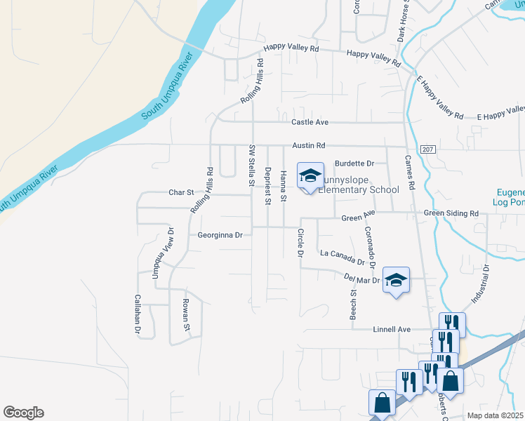 map of restaurants, bars, coffee shops, grocery stores, and more near 4210 Depriest Street in Roseburg