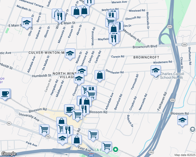 map of restaurants, bars, coffee shops, grocery stores, and more near 409 Winton Road North in Rochester