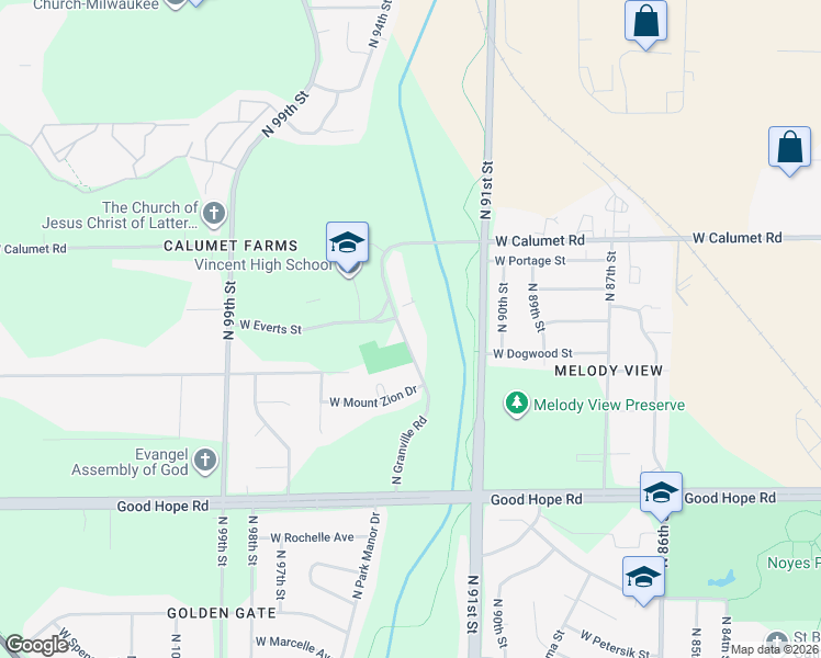 map of restaurants, bars, coffee shops, grocery stores, and more near 7452 North Granville Road in Milwaukee