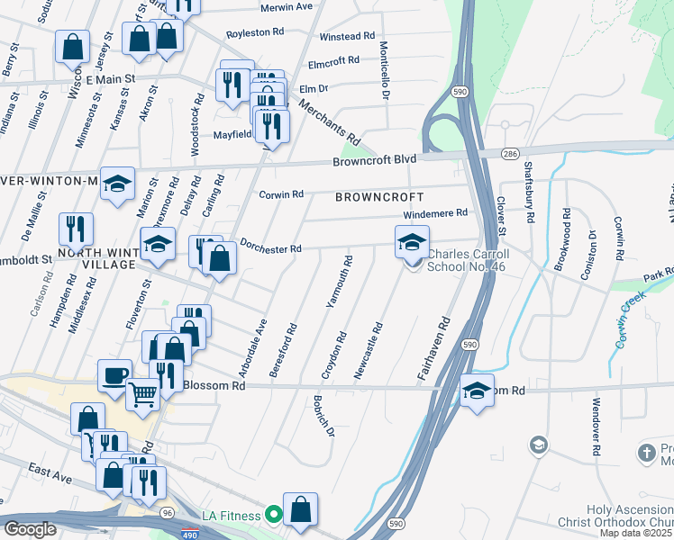 map of restaurants, bars, coffee shops, grocery stores, and more near 421 Yarmouth Road in Rochester