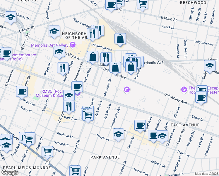 map of restaurants, bars, coffee shops, grocery stores, and more near 56 Merriman Street in Rochester