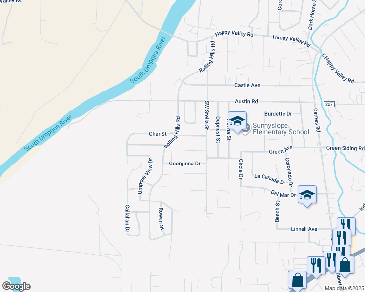 map of restaurants, bars, coffee shops, grocery stores, and more near 195 Zephyr Court in Roseburg