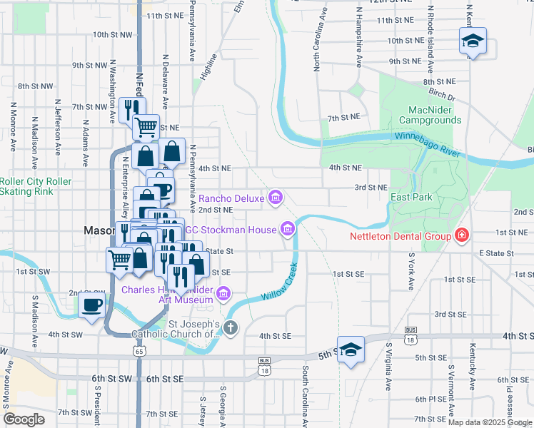map of restaurants, bars, coffee shops, grocery stores, and more near 429 2nd Street Northeast in Mason City