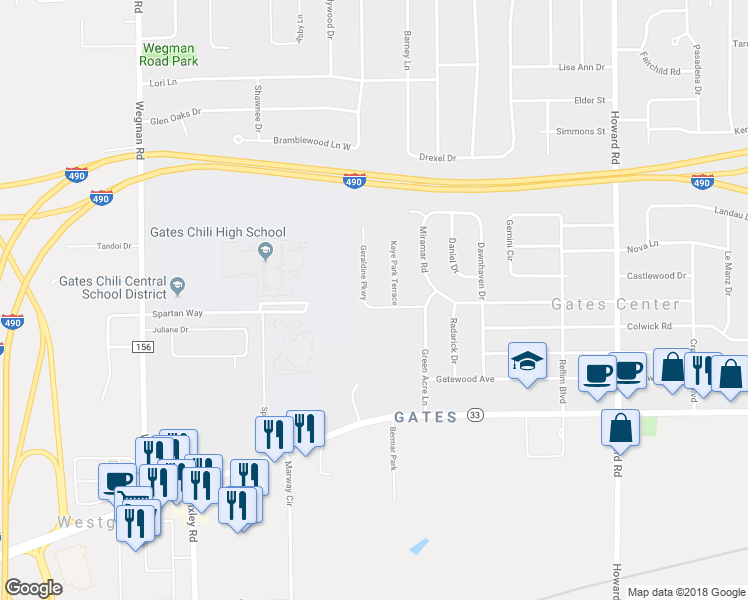map of restaurants, bars, coffee shops, grocery stores, and more near 20 Geraldine Pkwy in Rochester