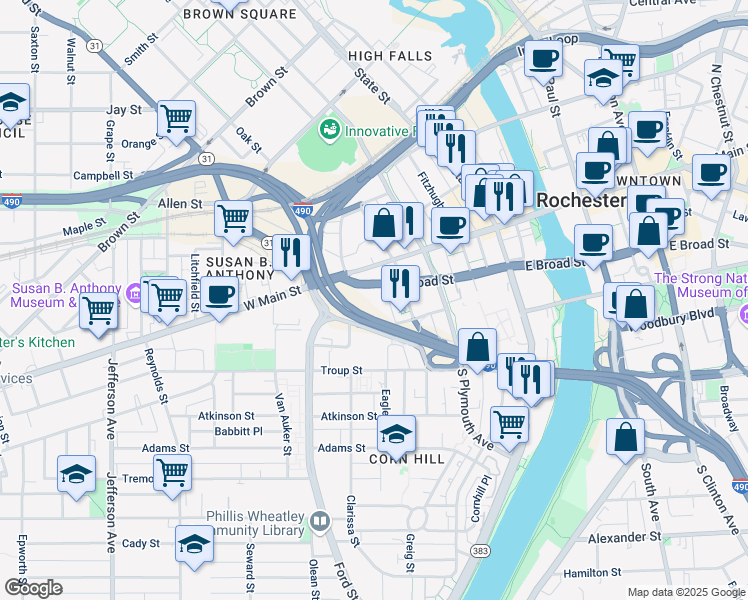 map of restaurants, bars, coffee shops, grocery stores, and more near 191 West Broad Street in Rochester