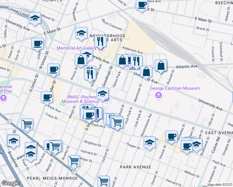 map of restaurants, bars, coffee shops, grocery stores, and more near 688 East Avenue in Rochester