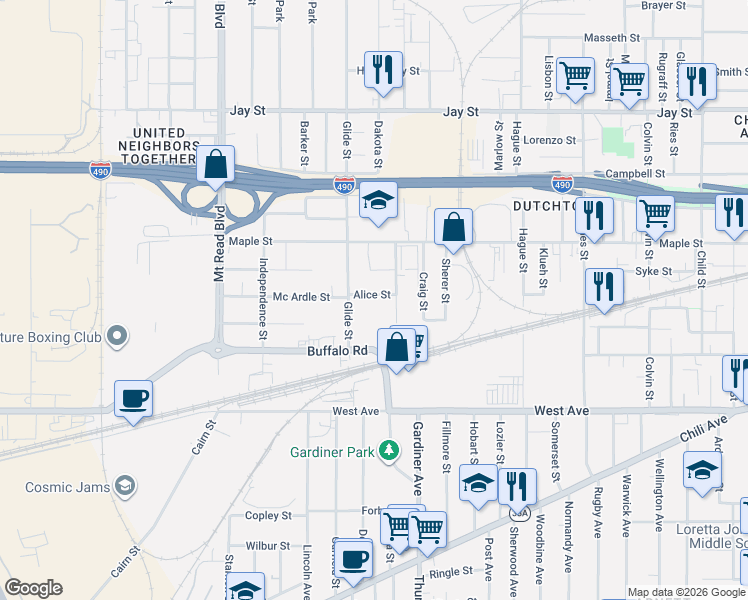 map of restaurants, bars, coffee shops, grocery stores, and more near 31 Alice Street in Rochester