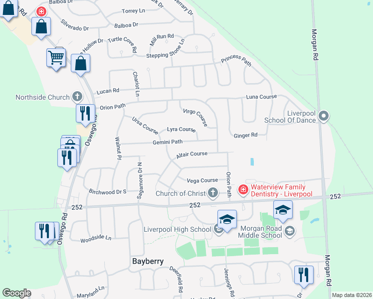 map of restaurants, bars, coffee shops, grocery stores, and more near 4243 Altair Course in Liverpool