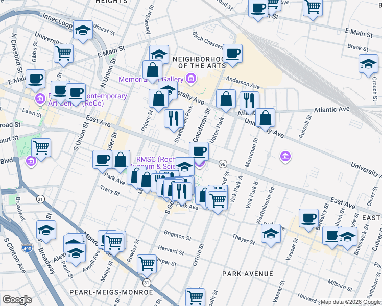 map of restaurants, bars, coffee shops, grocery stores, and more near East Ave & Goodman St S in Rochester