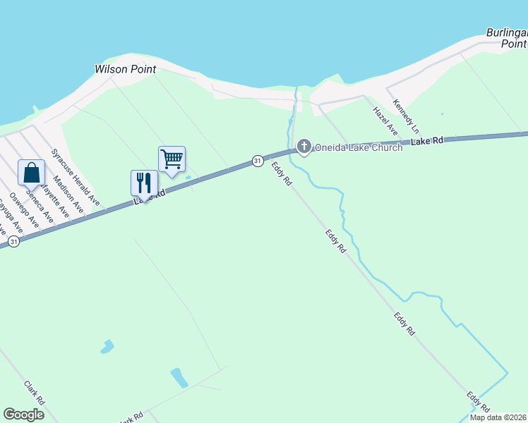 map of restaurants, bars, coffee shops, grocery stores, and more near 8929 Eddy Road in Canastota