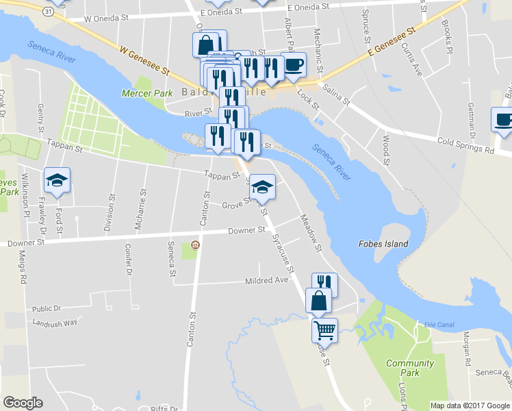 map of restaurants, bars, coffee shops, grocery stores, and more near 42 Syracuse Street in Baldwinsville