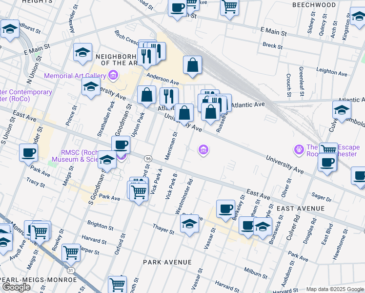 map of restaurants, bars, coffee shops, grocery stores, and more near 17 Portsmouth Terrace in Rochester