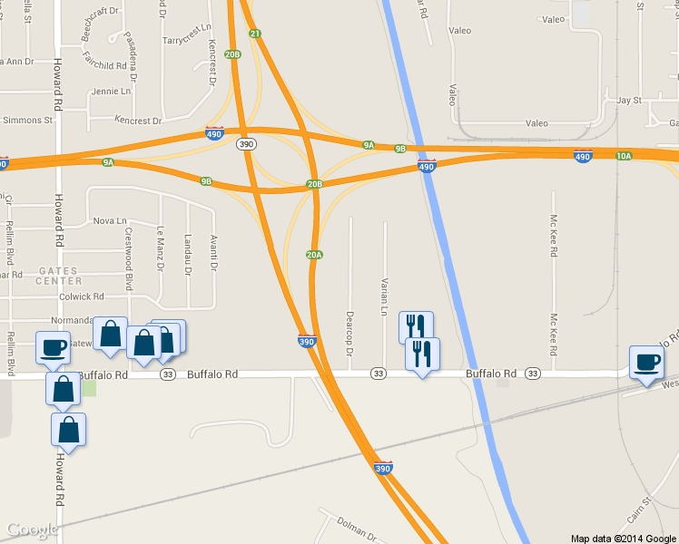 map of restaurants, bars, coffee shops, grocery stores, and more near 193 Dearcop Dr in Rochester