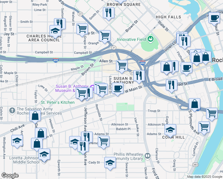 map of restaurants, bars, coffee shops, grocery stores, and more near 20 Litchfield Street in Rochester