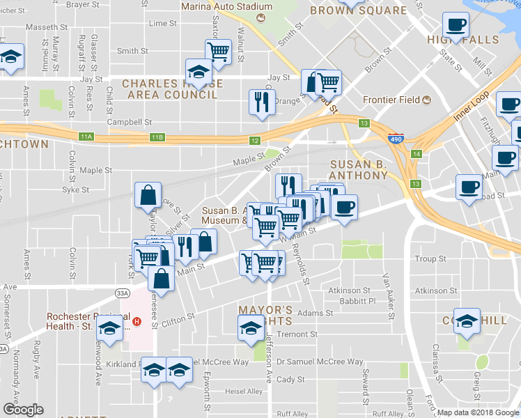 map of restaurants, bars, coffee shops, grocery stores, and more near 5 Arklow St in Rochester