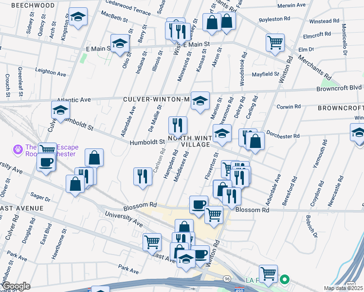 map of restaurants, bars, coffee shops, grocery stores, and more near 210 Hampden Road in Rochester