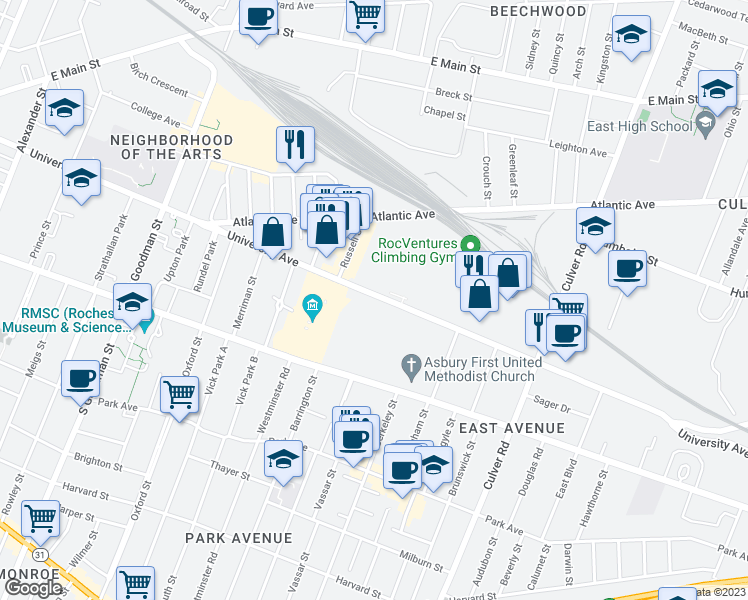 map of restaurants, bars, coffee shops, grocery stores, and more near 975 University Avenue in Rochester