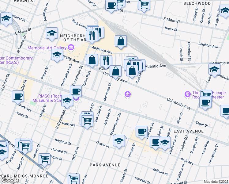 map of restaurants, bars, coffee shops, grocery stores, and more near 17 Portsmouth Terrace in Rochester