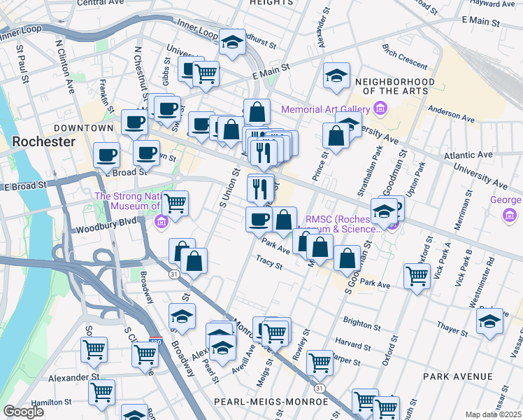 map of restaurants, bars, coffee shops, grocery stores, and more near 286 Alexander Street in Rochester