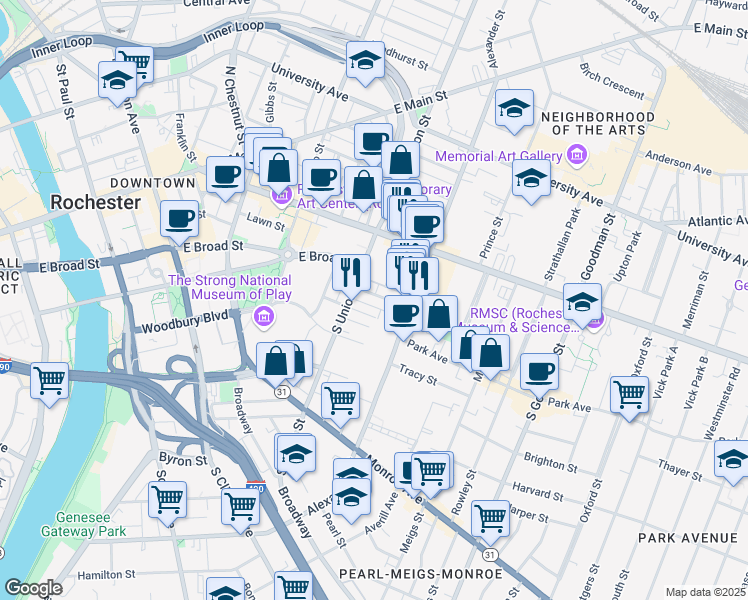 map of restaurants, bars, coffee shops, grocery stores, and more near 49e Gardiner Park in Rochester