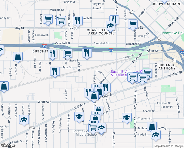 map of restaurants, bars, coffee shops, grocery stores, and more near in Rochester