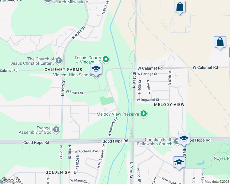 map of restaurants, bars, coffee shops, grocery stores, and more near 7452 North Granville Road in Milwaukee