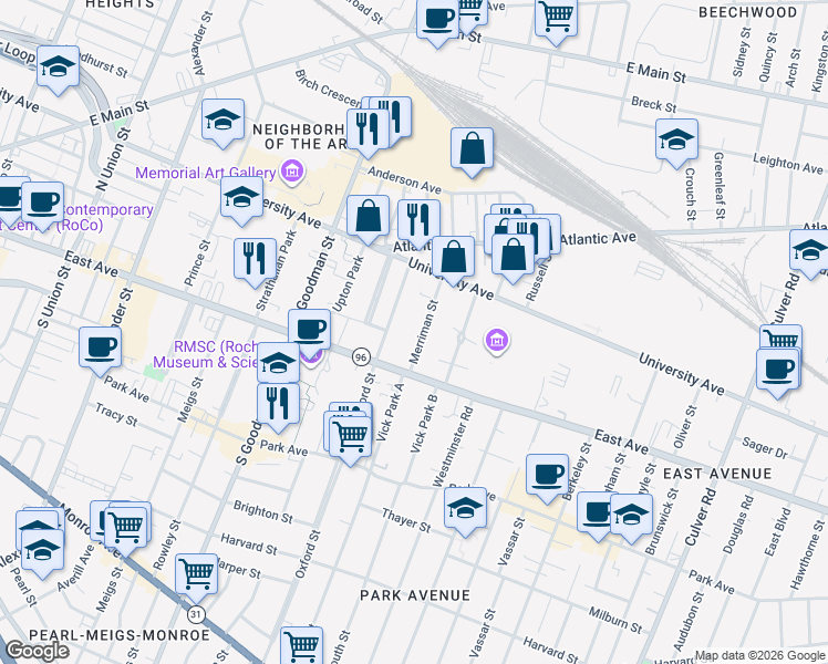 map of restaurants, bars, coffee shops, grocery stores, and more near 49 Merriman Street in Rochester