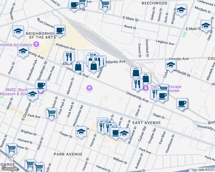 map of restaurants, bars, coffee shops, grocery stores, and more near 975 University Avenue in Rochester