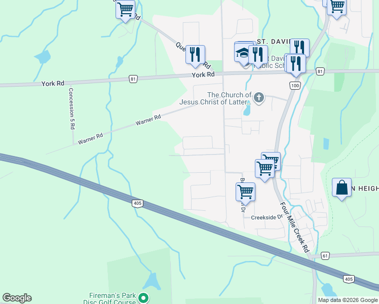 map of restaurants, bars, coffee shops, grocery stores, and more near 35 Hickory Avenue in Niagara-on-the-Lake