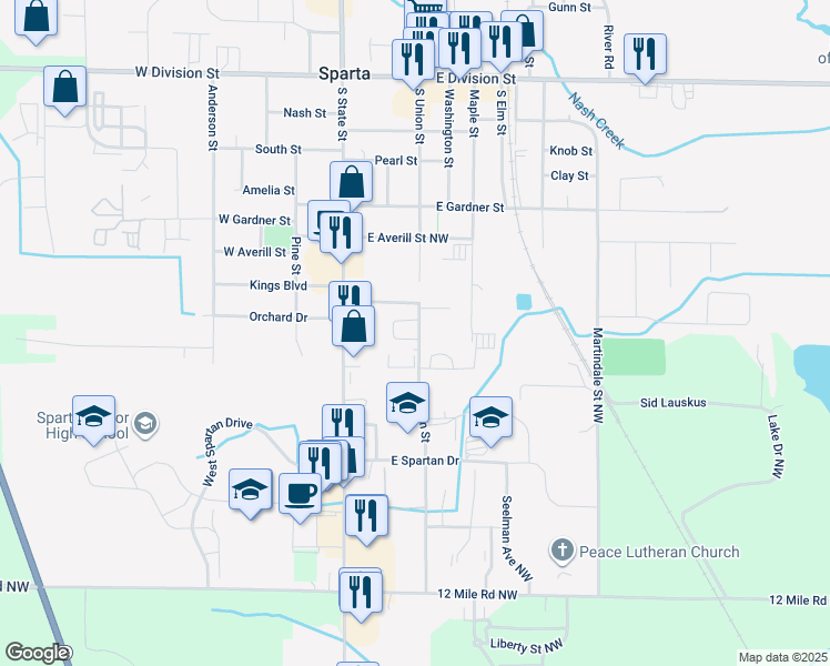 map of restaurants, bars, coffee shops, grocery stores, and more near 324 South Union Street in Sparta