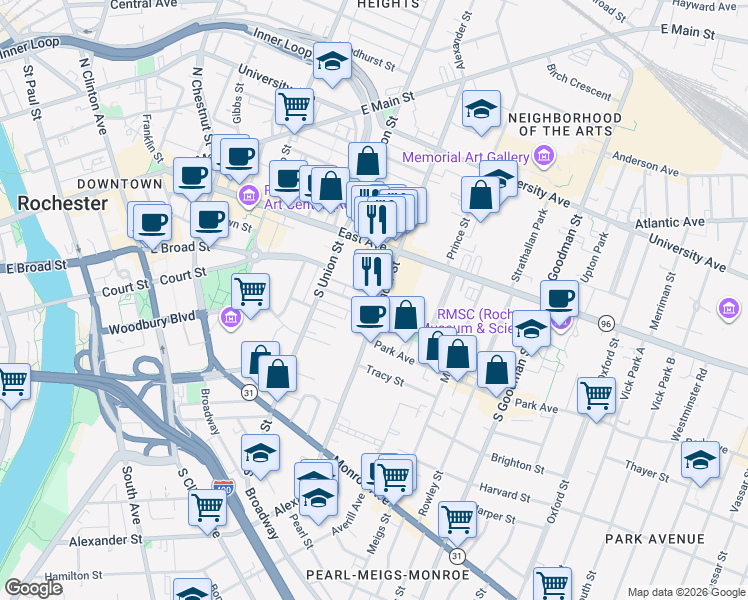 map of restaurants, bars, coffee shops, grocery stores, and more near 286 Alexander Street in Rochester