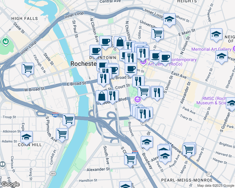 map of restaurants, bars, coffee shops, grocery stores, and more near in Rochester