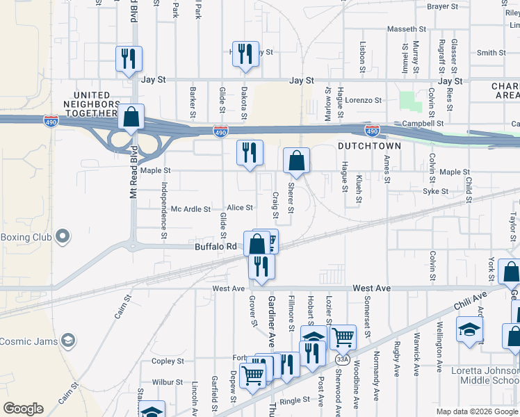 map of restaurants, bars, coffee shops, grocery stores, and more near 42 Potomac Street in Rochester