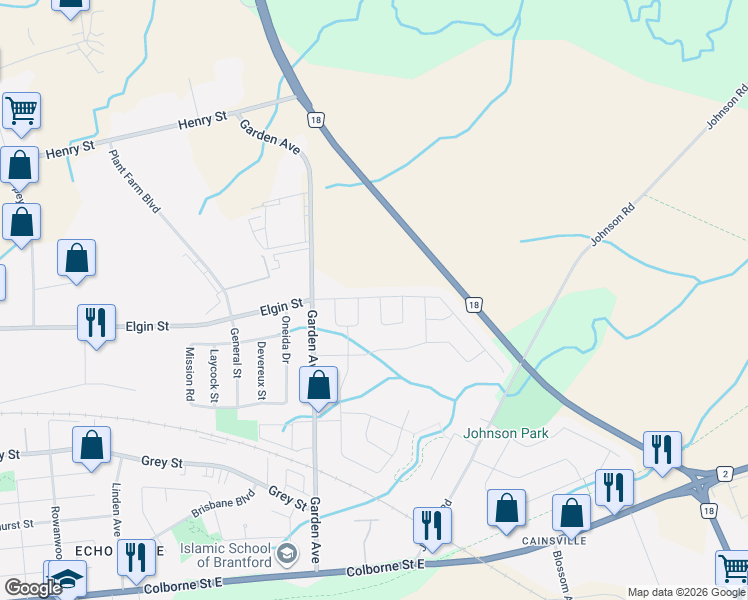 map of restaurants, bars, coffee shops, grocery stores, and more near 8 Rowley Street in Brantford