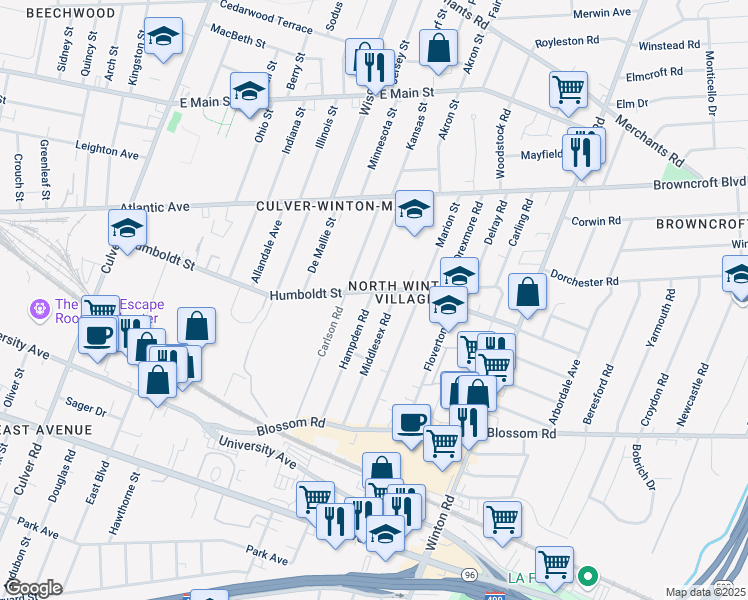 map of restaurants, bars, coffee shops, grocery stores, and more near 210 Hampden Road in Rochester
