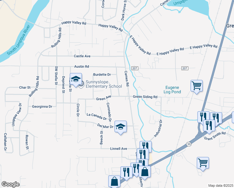 map of restaurants, bars, coffee shops, grocery stores, and more near 1178 Green Avenue in Roseburg