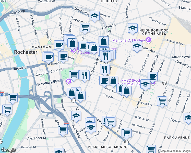 map of restaurants, bars, coffee shops, grocery stores, and more near 47 Gardiner Park in Rochester