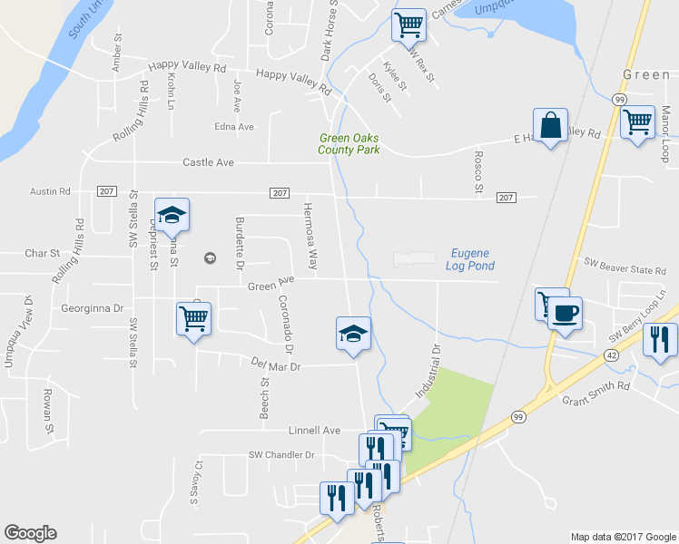 map of restaurants, bars, coffee shops, grocery stores, and more near 4178 Carnes Road in Roseburg