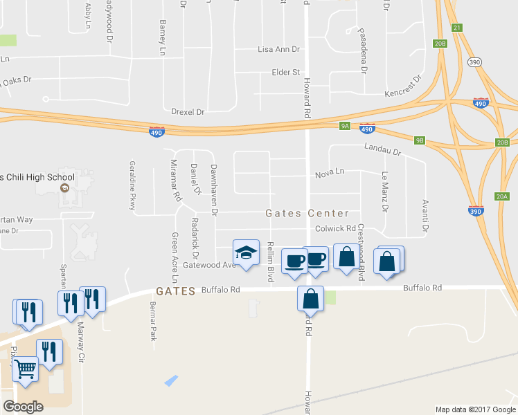map of restaurants, bars, coffee shops, grocery stores, and more near 220 Miramar Road in Rochester