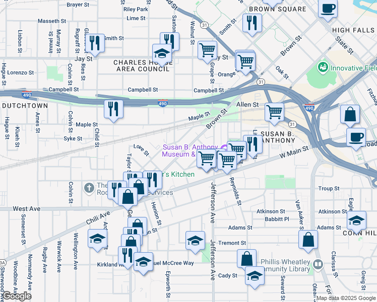map of restaurants, bars, coffee shops, grocery stores, and more near 589 Brown Street in Rochester